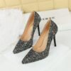 BIGTREE 3255-15 European and American style banquet high heels thin heel super high heel waterproof table shallow mouth pointed sequins single shoes women's shoes