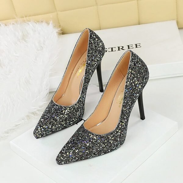 BIGTREE 3255-15 European and American style banquet high heels thin heel super high heel waterproof table shallow mouth pointed sequins single shoes women's shoes