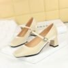 BIGTREE 6295 French small fragrant wind square head rhinestone one word with satin women's shoes thick heel medium heel light mouth comfortable and thin single shoes