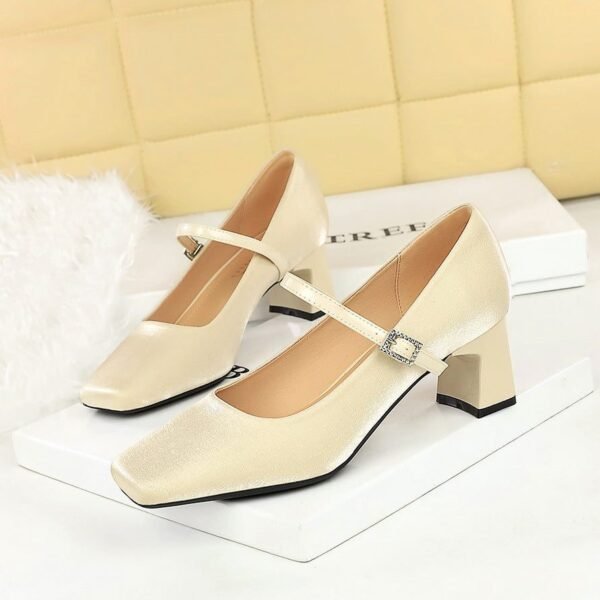 BIGTREE 6295 French small fragrant wind square head rhinestone one word with satin women's shoes thick heel medium heel light mouth comfortable and thin single shoes
