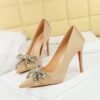 BIGTREE 1961-H61 European and American style light luxury rhinestone bow pointed head thin heel middle heel satin single shoes wine glass and women's single shoes
