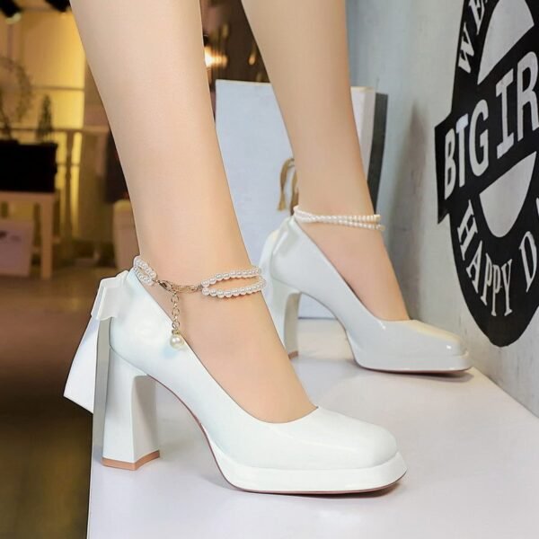 BIGTREE 9981-H79TP sweet bow pearl chain thick heel high heels square toe with patent leather platform shoes