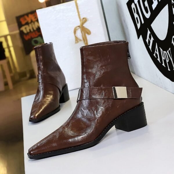 BIGTREE 578-13 Retro European and American style medium heel thick heel pointed metal buckle knight boots short boots winter fashion short boots