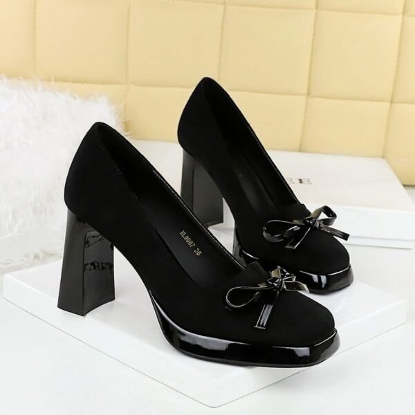 Product image BIGTREE 9987-H81 Korean version square head waterproof table high heels suede bow decorative women's shoes light mouth super high heel single shoes