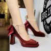 BIGTREE 9982-H78TP French Xiaoxiangfeng square head waterproof table high heels back bow pearl chain one-word belt single shoes