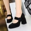 BIGTREE 9613-6 European and American style high-heeled thick-heeled waterproof table suede one-word belt buckle shallow mouth Mary Jane women's shoes single shoes