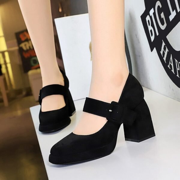BIGTREE 9613-6 European and American style high-heeled thick-heeled waterproof table suede one-word belt buckle shallow mouth Mary Jane women's shoes single shoes