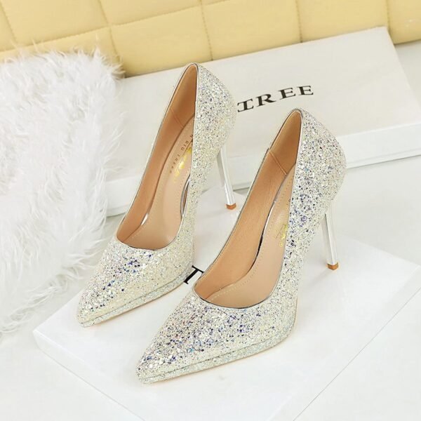 BIGTREE 3255-15 European and American style banquet high heels thin heel super high heel waterproof table shallow mouth pointed sequins single shoes women's shoes