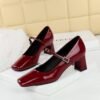 BIGTREE 6292 European and American style elegant women's shoes rhinestone word with square head heels patent leather glossy light mouth thick heel medium heel single shoes