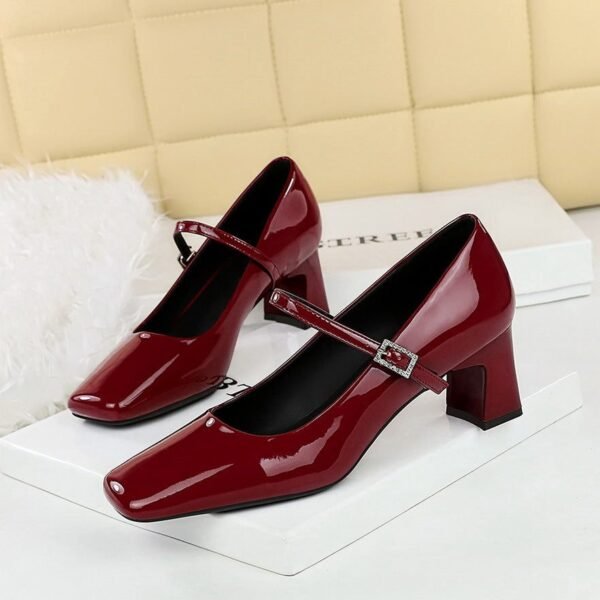 BIGTREE 6292 European and American style elegant women's shoes rhinestone word with square head heels patent leather glossy light mouth thick heel medium heel single shoes
