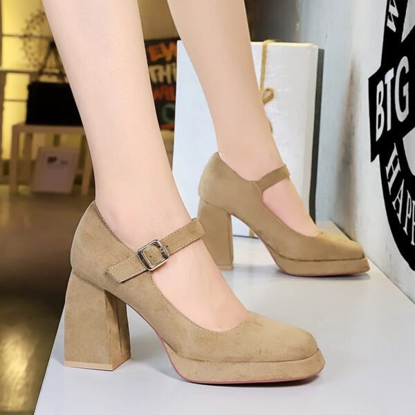 BIGTREE 9613-5 European and American style retro high heels, thick heels, waterproof platform, suede, shallow square scalp, belt buckle, one strap, single shoe woman