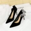 BIGTREE 3739-H62L Korean high heels side bow rhinestone Xi Shi velvet thin pointed toe shallow mouth super high heel shoes