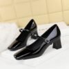 BIGTREE 6292 European and American style elegant women's shoes rhinestone word with square head heels patent leather glossy light mouth thick heel medium heel single shoes