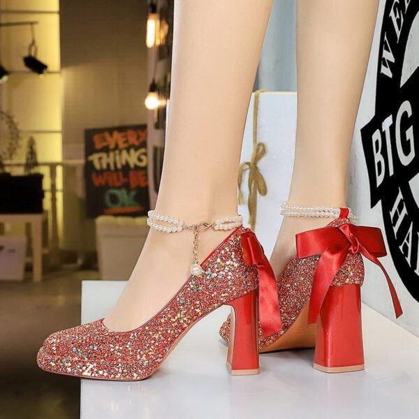 Product image BIGTREE 9983-H79TP Korean version sequined pearl one-word strap women's shoes square head shallow mouth thick heel super high heel waterproof table shoes