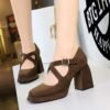 BIGTREE 9613-8 European and American style women's shoes high heel thick heel waterproof table shallow mouth square head belt buckle suede cross belt single shoes women