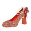 BIGTREE 9983-H80TP Sweet pearl one-word strap high heels women's rhinestone bow square head waterproof table thick heel single shoes