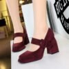 BIGTREE 9613-6 European and American style high-heeled thick-heeled waterproof table suede one-word belt buckle shallow mouth Mary Jane women's shoes single shoes