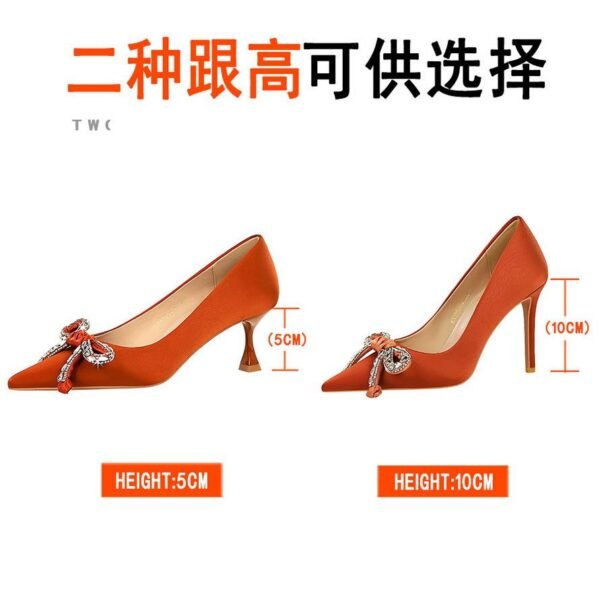 BIGTREE 1961-H61 European and American style light luxury rhinestone bow pointed head thin heel middle heel satin single shoes wine glass and women's single shoes