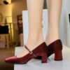 BIGTREE 6295 French small fragrant wind square head rhinestone one word with satin women's shoes thick heel medium heel light mouth comfortable and thin single shoes
