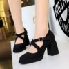 BIGTREE 9613-8 European and American style women's shoes high heel thick heel waterproof table shallow mouth square head belt buckle suede cross belt single shoes women