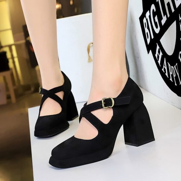 BIGTREE 9613-8 European and American style women's shoes high heel thick heel waterproof table shallow mouth square head belt buckle suede cross belt single shoes women
