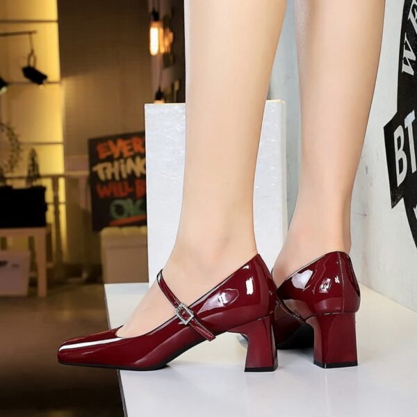 BIGTREE 6292 European and American style elegant women's shoes rhinestone word with square head heels patent leather glossy light mouth thick heel medium heel single shoes