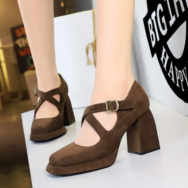 BIGTREE 9613-8 European and American style women's shoes high heel thick heel waterproof table shallow mouth square head belt buckle suede cross belt single shoes women