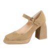 BIGTREE 9613-5 European and American style retro high heels, thick heels, waterproof platform, suede, shallow square scalp, belt buckle, one strap, single shoe woman