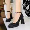 BIGTREE 9983-K106 European and American style women's shoes thick heel high heel waterproof table shallow mouth square head sequins one word with single shoes wedding shoes