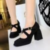 BIGTREE 9613-8 European and American style women's shoes high heel thick heel waterproof table shallow mouth square head belt buckle suede cross belt single shoes women