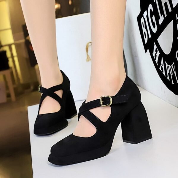 BIGTREE 9613-8 European and American style women's shoes high heel thick heel waterproof table shallow mouth square head belt buckle suede cross belt single shoes women
