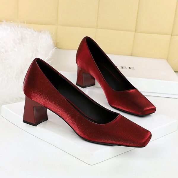 BIGTREE 6293 Spring and Autumn New French Elegant Fashion Single Shoes Square Toe Satin Thick Heel Shallow Plain Plain Mid-Heel Commuter Women's Shoes
