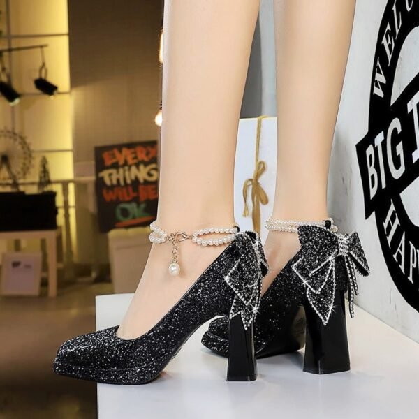 BIGTREE 9983-H80TP Sweet pearl one-word strap high heels women's rhinestone bow square head waterproof table thick heel single shoes