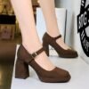 BIGTREE 9613-5 European and American style retro high heels, thick heels, waterproof platform, suede, shallow square scalp, belt buckle, one strap, single shoe woman