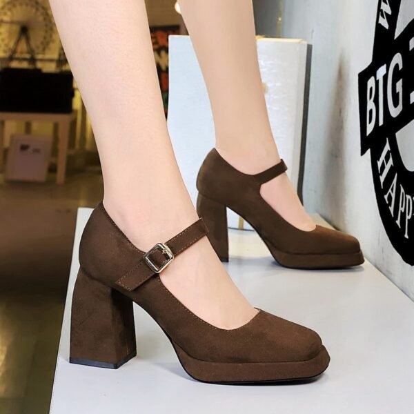 BIGTREE 9613-5 European and American style retro high heels, thick heels, waterproof platform, suede, shallow square scalp, belt buckle, one strap, single shoe woman