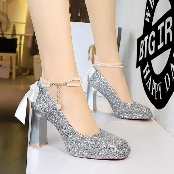 Product image BIGTREE 9983-H79TP Korean version sequined pearl one-word strap women's shoes square head shallow mouth thick heel super high heel waterproof table shoes