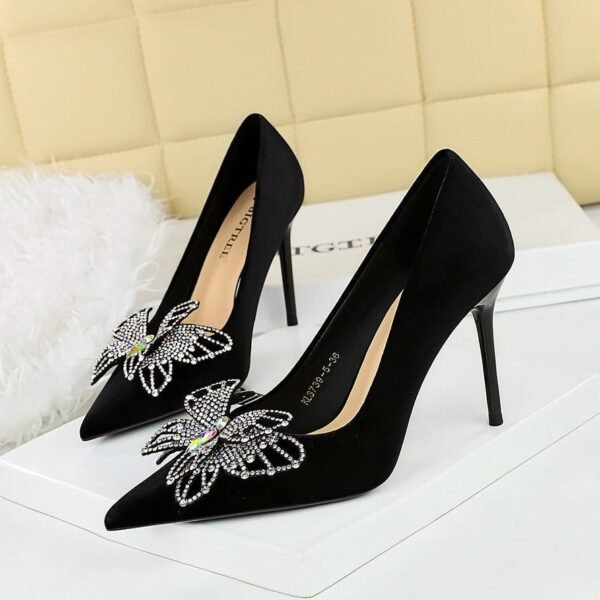 BIGTREE 3739-H62 Shining color double-layer bow decoration European and American high heels Xishi velvet super high heel shallow mouth women's shoes