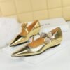 BIGTREE 3683-6K92 retro metal hand-scratched single shoes, light mouth bevel heel women's shoes, metal decoration, one word with women's single shoes