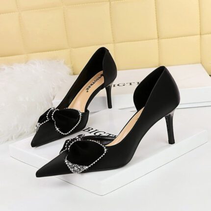 BIGTREE SHOES 3226-Ah31 European and American High Heels Stiletto Women's Shoes Shallow Mouth Pointed Side Hollow out Stitching Rhinestone Bow Pumps