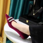 BIGTREE SHOES 237-K76 European and American Banquet Women's Shoes Middle Heel Fine Heel Thick Suede Shallow Mouth Pointed-Toe Metal Rhinestone Buckle Women's Shoes - Image 3