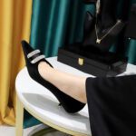 BIGTREE SHOES 237-K76 European and American Banquet Women's Shoes Middle Heel Fine Heel Thick Suede Shallow Mouth Pointed-Toe Metal Rhinestone Buckle Women's Shoes