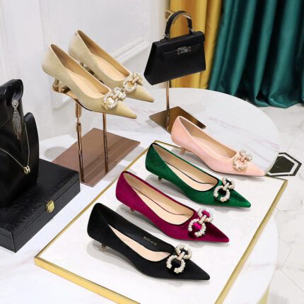 BIGTREE SHOES 237-K79 Korean Style Banquet Women's Shoes Mid Heel Thick Suede Shallow Mouth Pointed-Toe Metal Rhinestone Pearl Buckle Pumps Women
