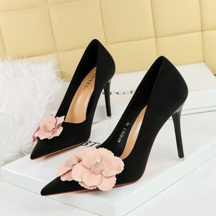 BIGTREE SHOES 1829-H57 Korean Fashion Sweet High Heels Stiletto Very Suede Shallow Mouth Pointed-Toe Colorblock Flower Shoes