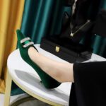 BIGTREE SHOES 237-K76 European and American Banquet Women's Shoes Middle Heel Fine Heel Thick Suede Shallow Mouth Pointed-Toe Metal Rhinestone Buckle Women's Shoes - Image 2