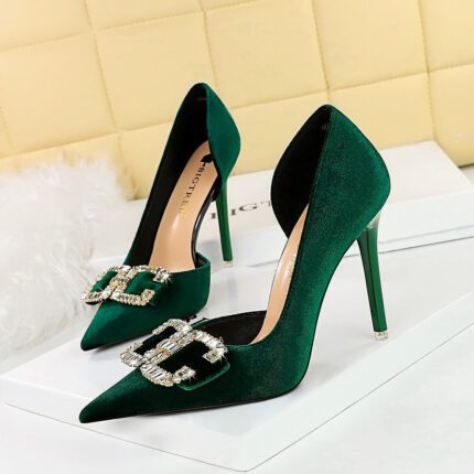 Bigtree Shoes 1363-K78 European and American High Heels Stiletto Heel Shallow Mouth Pointed Side Hollow out Thick Suede Rhinestone Buckle Bow Pumps