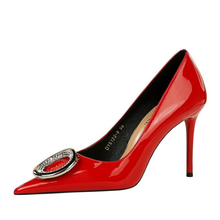 Bigtree Shoes 6122-K61 European and American Style High Heels Women's Shoes Stiletto Heel Shiny Patent Leather Shallow Mouth Pointed-Toe Metal Rhinestone Buckle Women's Shoes - Image 5