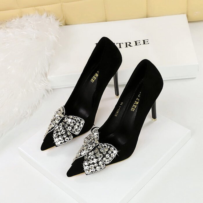 Bigtree Shoes 9511-H29 European and American Banquet High Heels Stiletto Heel Suede Shallow Mouth Pointed Toe Rhinestone Bow Pumps Women - Image 2