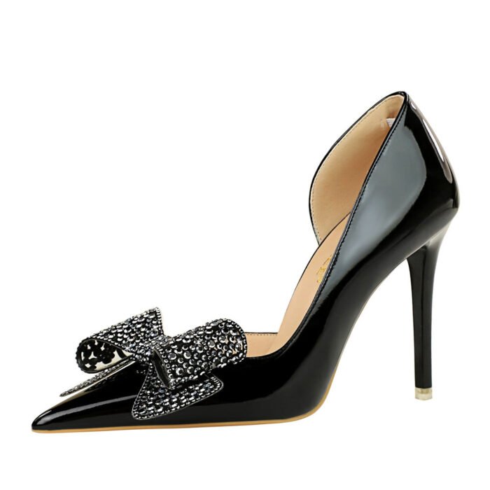 BIGTREE 638-H8 European and American Style Banquet High Heels Stiletto Heel Shallow Mouth Pointed Side Hollow Rhinestone Bow Pumps - Image 5