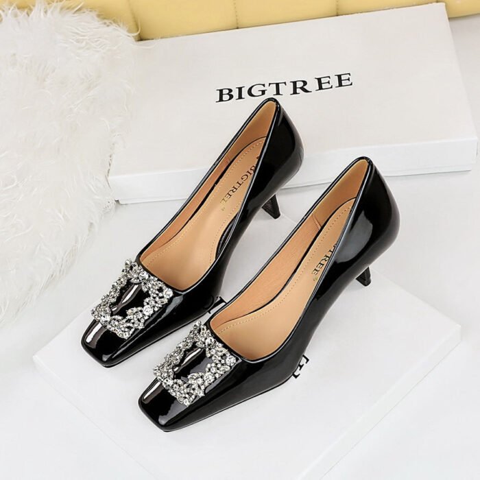 BIGTREE SHOES 6183-K19 European and American Banquet Women's Shoes Stiletto Heel Square Toe Shiny Patent Leather Metal Rhinestone Buckle Pumps High Heels - Image 3