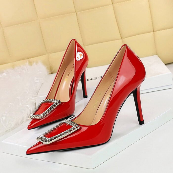 BIGTREE SHOES 6122-3 K66 Banquet High Heels Women's Shoes Stiletto Heel Patent Leather Low-Cut Pointed Toe Rhinestone Metal Buckle Pumps - Image 3